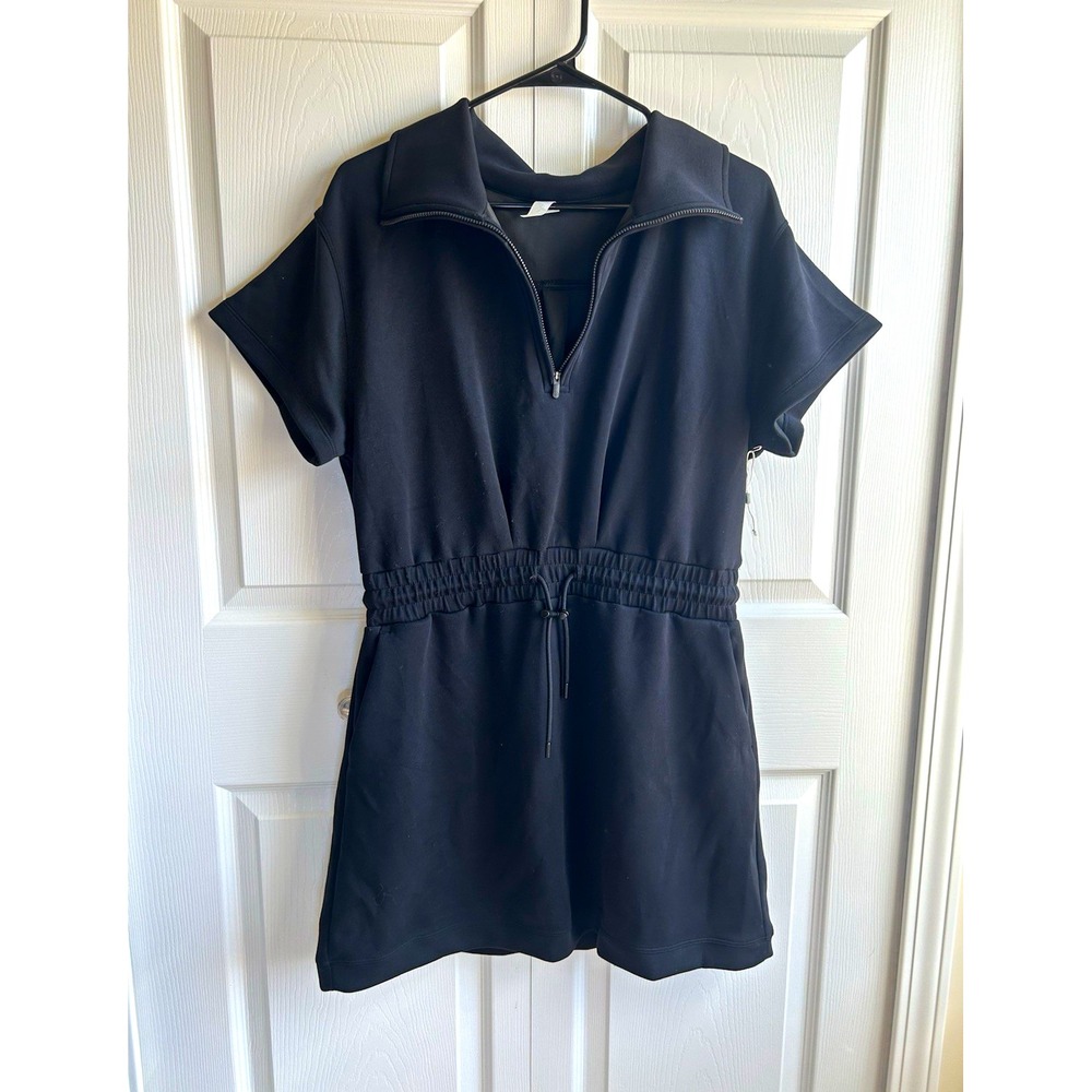 Zella Black Solid Half-Zip Collared Romper Drawstring Elastic Waist M
